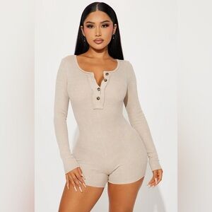 Fashion Nova Beige Ribbed Long-Sleeve Henley Romper